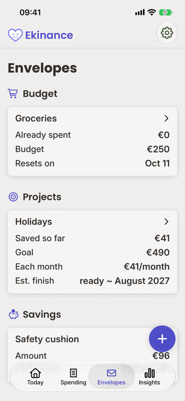 The Envelopes screen: Budget, Projects and Savings.
