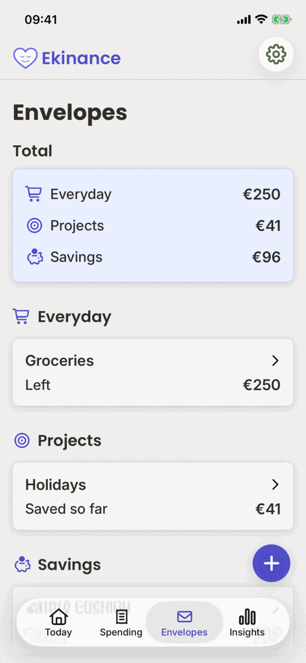 The Envelopes screen: Everyday, Projects and Savings.