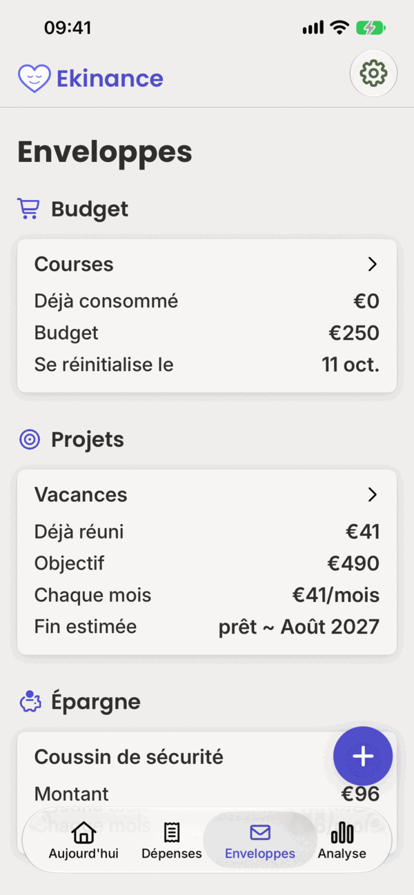 L'écran Enveloppes : Budget, Projets et Épargne.