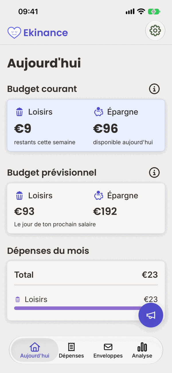 L'écran Aujourd'hui : ce que tu peux dépenser cette semaine.